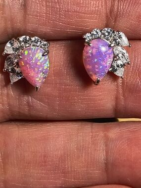 Sterling Silver Pink Opal Teardrop Earrings with CZ Accents Stud Earrings Signed